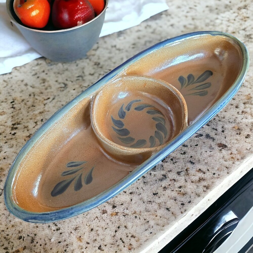 COPY - ROWE POTTERY WORKS Divided Relish Tray Salt Glazed Oval Serving Dish.